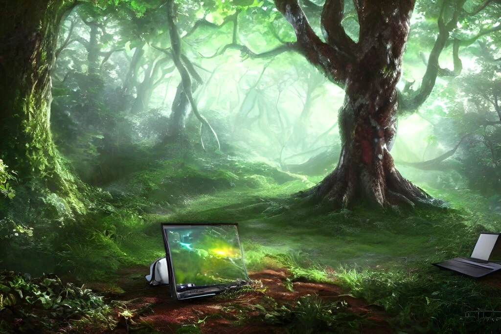 electric laptop in the garden of the forest, the forest is a giant tree, fantasy style, oil painting realism, digital painting, unreal engine 5, 8k realistic, concept art, smooth, sharp focus, fantasy art by art